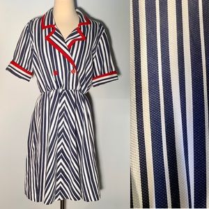 Vintage 80s Red White Blue Striped Nautical Dress